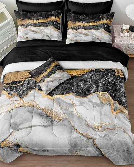 Marble Comforter Set Queen Size Black and Gold Bedding Comforter Set Gold Metallic Duvet Soft Lightweight Down Alternative Comforter Queen Bed in a Bag 8 Pcs Boys Girls Room Decor