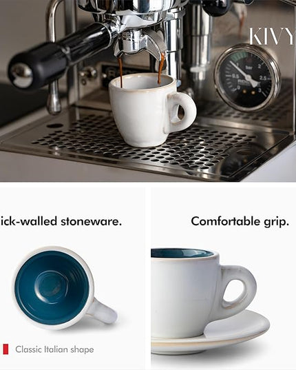 KIVY 3 oz Espresso cups set of 4 - Thick walled stoneware espresso cup set - Italian style espresso cups and saucers - Expresso shots cup - Small coffee mugs and saucers - Blue