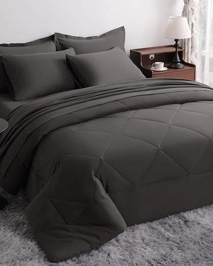 NTBAY Queen Comforter Set with Sheets, 7 Pieces Soft and Breathable Queen Bedding Set, Bed in a Bag, Down Alternative Comforter Set Solid Color All Season, Queen Bedding Set, Dark Grey