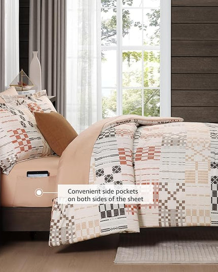 MaiRêve Full Size Comforter Sets, Classic Plaid Farmhouse Bedding Sets 7 Pieces, Beige All Season Bed in A Bag with Sheets, Pillowcases & Shams