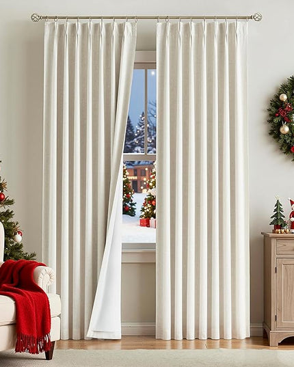 Vision Home Natural Pinch Pleated Full Blackout Curtains Linen Blended Room Darkening Window Curtains 90 inch for Living Room Bedroom Thermal Insulated Pinch Pleat Drapes with Hooks 2 Panel 40"Wx90"L