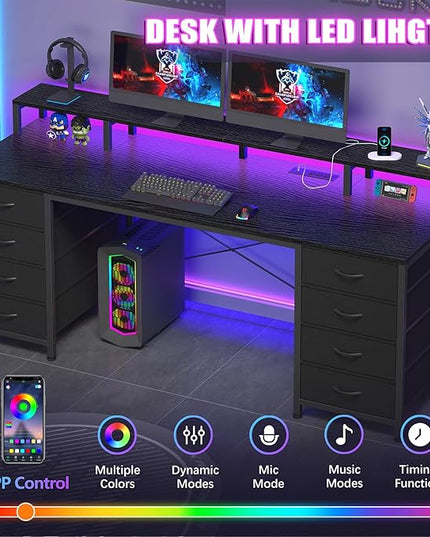 60 Inch Computer Desk with 8 Drawers, Gaming Desk with LED Lights & Power Outlets, Home Office Desk with Monitor Stand, Black