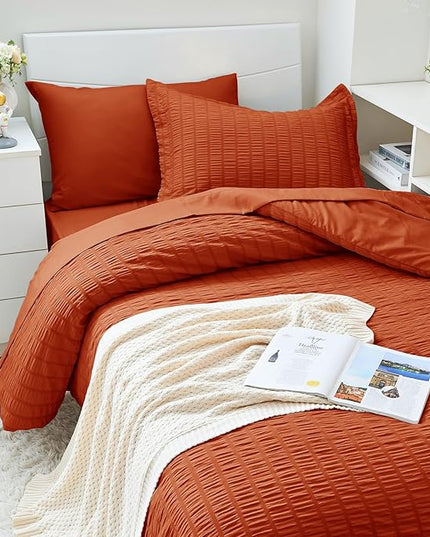 HYMOKEGE Burnt Orange Twin XL Comforter Set Seersucker 5 Pieces, All Season Luxury Bed in a Bag for Bedroom, Bedding Set with Comforter, Sheets, Pillowcase & Sham