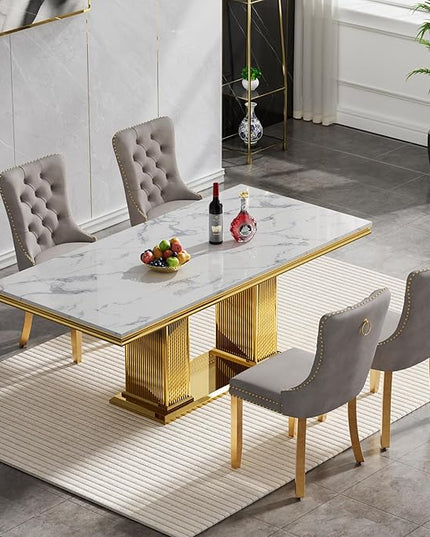 HomVent 68.11'' Rectangle Dining Table Set, Modern Faux Marble Top & Stainless Steel Base (White with 4 Grey Chairs, 5 Pieces)