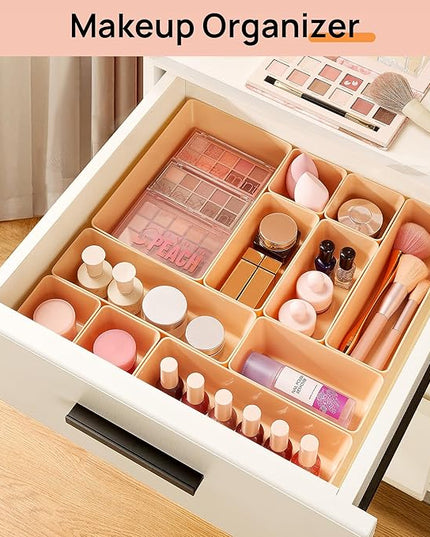 Vtopmart 25 PCS Plastic Drawer Organizers Set, 4-Size Versatile Bathroom and Vanity Drawer Organizer Trays, Storage Bins for Makeup, Bedroom, Kitchen Gadgets Utensils and Office
