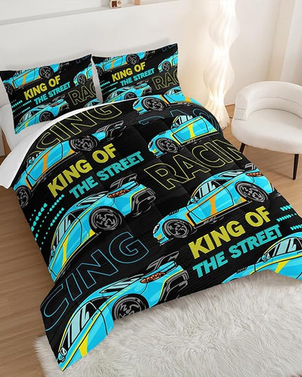 Car Bed for Boys King Comforter Set,Kids Racing Car Comforter Extreme Sports Bedding Set for Teens Boys Race Car Room Decor,Cool Blue Themed Children's Bedding with 2 Pillowcases.