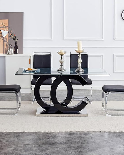 Ebullient Glass Dining Table Set for 4 ，5 Piece Dining Table and Chairs Set,Tempered Glass Top，Modern Dinner Set with 4 PU Leather Ergonomic Chairs
