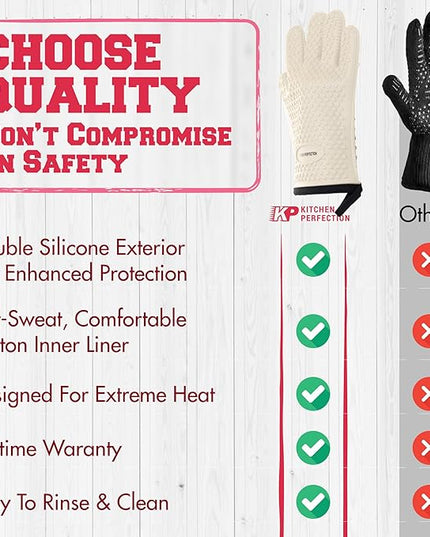 KITCHEN PERFECTION S Silicone Smoker Oven Gloves for Women -Extreme Heat Resistant BBQ Gloves -Handle Hot Food Right on Your Grill Fryer |Waterproof Oven Mitts Cooking Gloves |Superior Set+3 Bonuses