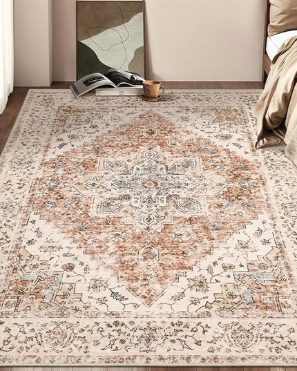 Ciicool 4x6 Rug, Washable Area Rug Boho Rugs for Living Room Non-Slip Indoor Rugs Large Low-Pile Mat Floor Carpet Vintage Rug for Bedroom Dinning Office Foyer Decor