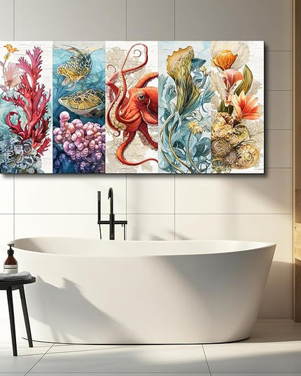 XIGUANGART Bathroom Framed Canvas Wall Art Undersea Abstract Pictures Octopus Coral Reef Vibrant Colorful Marine Animals Painting Large Wall Decor for Living Room Bedroom Nautical Home Decorations