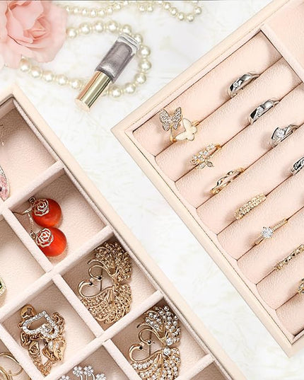 LANDICI Stackable Jewelry Organizer Trays 4 Set,PU Leather Jewelry Organizer Drawer,Jewelry Storage Display Tray for Earring Necklace Rings Bracelet with Removable Dividers,Apricot