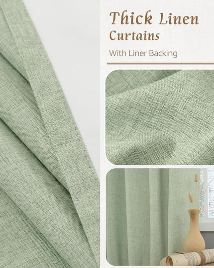 LAMIT Natural 100% Blackout Linen Curtains, 45 Inches Linen Textured Thermal Bedroom Curtains Back Tab and Rod Pocket Neutral Panels with White Liner for Farmhouse, 2 Panels, 38 x 45 Inch, Light Green