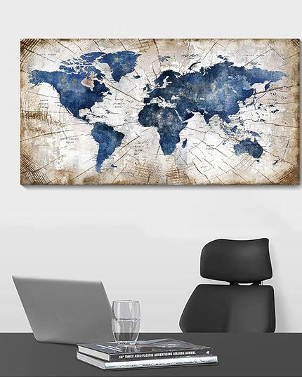 World Map Canvas Wall Art Abstract Navy World Maps for Wall Vintage Modern Wall Art for Office Framed Pictures for Living Room Bedroom Wall Decoration for Home Office Decor Artwork for Walls 20x40IN