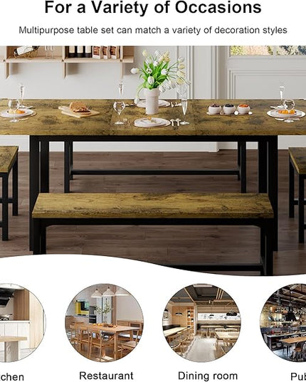 Feonase 5-Piece Dining Table for 4-8 People, 63" Extendable Kitchen Table Set with 2 Benches & 2 Square Stools, Dining Room Table with MDF Wood Board, Easy Clean, Rustic Brown