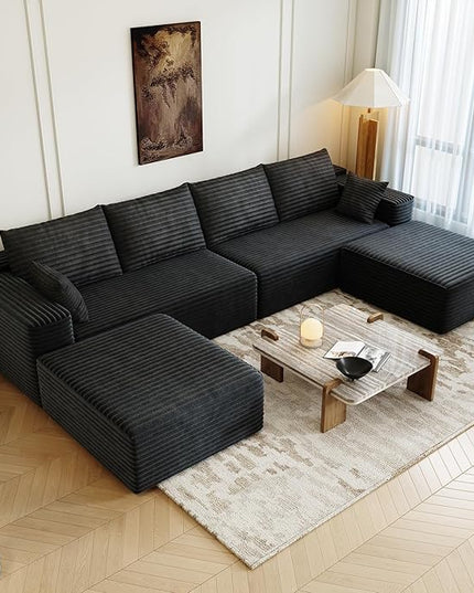 139.4" Modular Sectional Sofa, U-Shaped Minimalist Couches with 2 Ottomans Chaise, Modern Deep Seat Convertible Sleeper Sofa Bed,Cloud Plush Corduroy Fabric, No Assembly Required, 6 Seater, Black