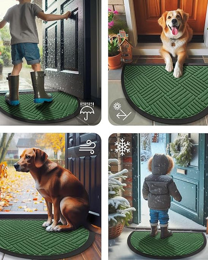 Smiry Half Circle Front Door Mat Outside Entrance, Heavy Duty Outdoor Indoor Natural Rubber Doormat, Non Slip, Trap Dirt and Moisture, Easy Clean, Low Profile Patio Porch Entryway Mat, 29.5x17, Green