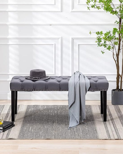 KCC Button-Tufted Ottoman Bench, Upholstered Bedroom Benches Velvet Footrest Stool Accent Bench for Entryway Dining Room Living Room Bedroom End of Bed, Dark Gray