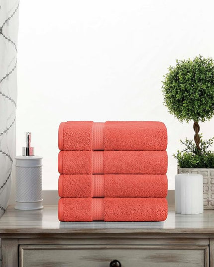 Superior Egyptian Cotton Pile Hand Towel Set of 4, Ultra Soft Luxury Towels, Thick Plush Essentials, Absorbent Heavyweight, Guest Bath, Hotel, Spa, Home Bathroom, Shower Basics, Coral