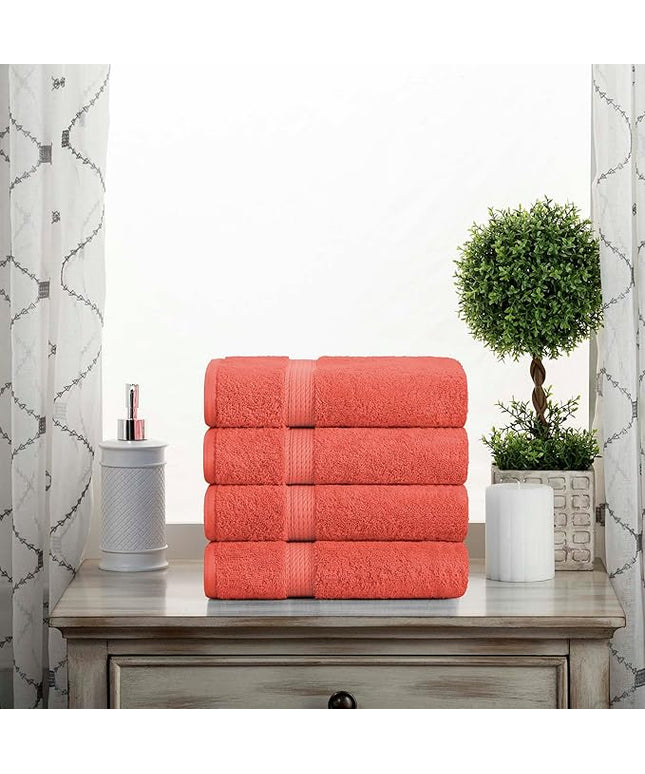 Superior Egyptian Cotton Pile Hand Towel Set of 4, Ultra Soft Luxury Towels, Thick Plush Essentials, Absorbent Heavyweight, Guest Bath, Hotel, Spa, Home Bathroom, Shower Basics, Coral