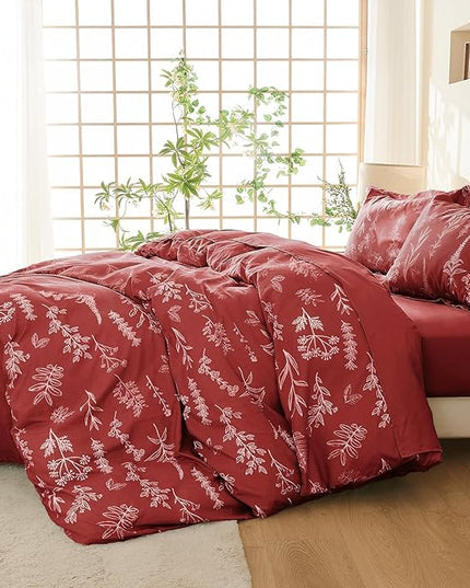 MUXHOMO Terracotta Bed in a Bag Queen 7 Pieces, Queen Comforter Set Reversible Botanical Flowers Design, Ultra Soft & Breathable Bedding Sets with Comforter, Sheets, Pillowcases & Shams