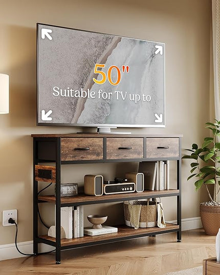 Lulive Entryway Table with Power Outlets, Console Table with 3 Fabric Drawers, Sofa Table for Living Room, Hallway, Couch, Foyer, Height Adjustable (Rustic Brown, 43")