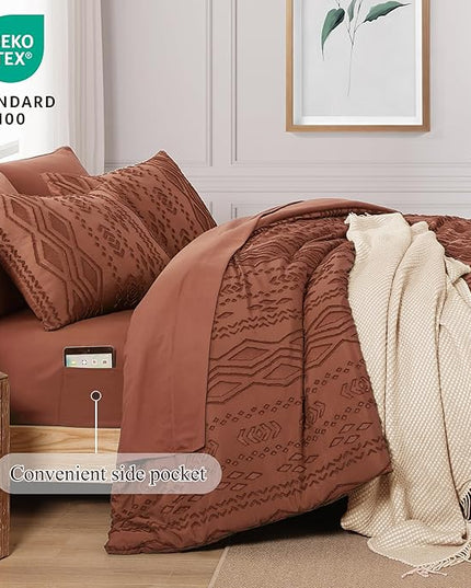 Full Size Comforter Set Autumn Leaf, Tufted Boho Bedding Farmhouse Bed Set, All Season 7 Pieces Bed in a Bag with Sheets, Pillowcases & Shams