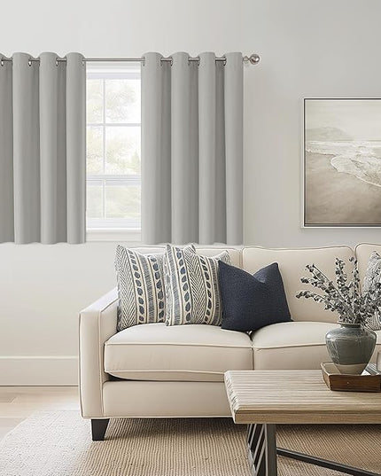 ChrisDowa 100% Blackout Light Grey Solid Curtains 45 Inches Long 2 Panels for Bedroom Living Room,Farmhouse Room Darkening Thermal Insulated Soundproof Grommet Top Window Treatment Drapes,52x45