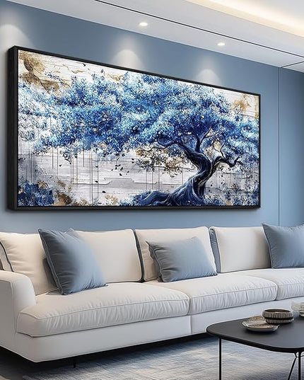 ERQINHUA Large Canvas Wall Decor For Living Room Wall Art For Bedroom Office Home Decor Blue Tree Wall Paintings Farmhouse Abstract Watercolour Pictures Artwork Ready To Hang 32x72 In Black Framed