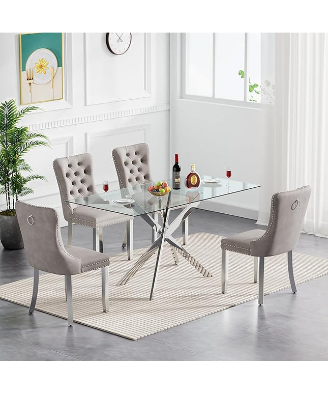 5 Piece Dining Table Set for 4, 51in Glass Dining Table Set with 4 Upholstered Dining Chairs, Gray Tufted Chair & Dining Room Table Set w/Silver Metal Legs, Glass Kitchen Table and Chair Set for 4