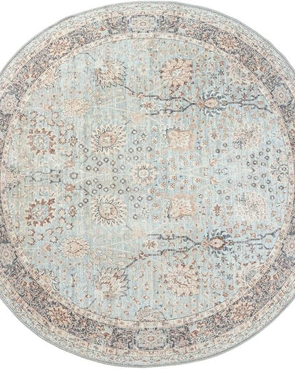 GLN Rugs Traditional Collection - Machine Washable Area Rug, Traditional Washable, Non Slip, Low Pile Chenille Rug, Living Room, Bedroom, Kitchen Rug (5'3" Round Blue Floral)