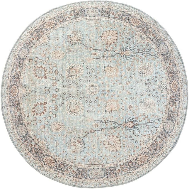 GLN Rugs Traditional Collection - Machine Washable Area Rug, Traditional Washable, Non Slip, Low Pile Chenille Rug, Living Room, Bedroom, Kitchen Rug (5'3" Round Blue Floral)