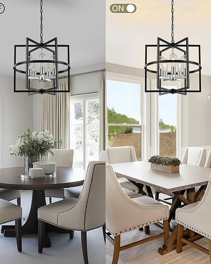 19'' Modern Farmhouse Chandelier 5-Light Black Brushed Nickel Chandelier with Industrical Metal Cage, Adjustable Geometric Pendant Light Fixture for Dining Room Kitchen Living Room Entryway