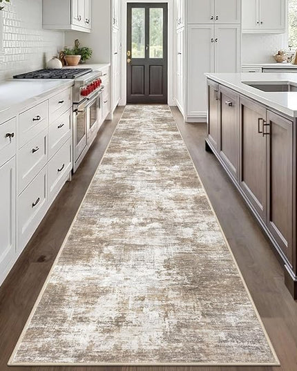 IOHOUZE Abstract Runner Rug 3x20 Ft Extra Long Washable Runners for Hallways, Non Slip Kitchen Runner Printed Faux Wool Entryway Runner Indoor, Modern Abstract Floor Carpet for Hall Stair, Beige Brown
