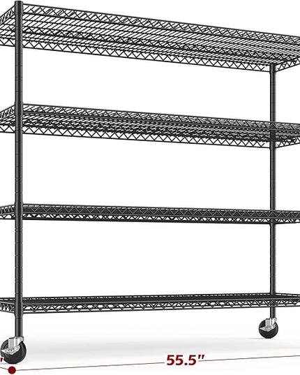REIBII 55.5''W Heavy Duty Metal Shelves with Wheels - 4PCS Adjustable Garage Storage Rack, 75.6" H X 55.5''W X 24" D