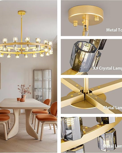 36-Light Large Gold Chandeliers for High Ceilings, 36 Inch Modern Crystal Wagon Wheel Chandelier, Farmhouse Industrial Round Chandelier Pendant Lighting Fixture for Dining Living Room Kitchen