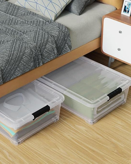 25 Quart Under Bed Clear Latch Bin with Wheel, Plastic Under Bed Storage Box, 4 Pack