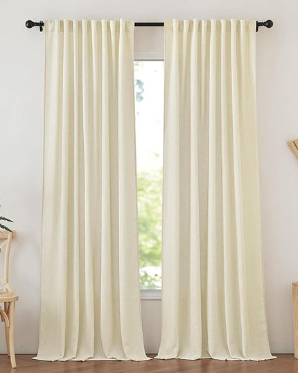NICETOWN Linen Curtains 84 inch Long for Living Room?Rod Pocket/Back Tab Semi Sheer Curtains Flax Linen Blend Privacy Added with Light Filtering Drapes for Farmhouse, Butter, 1 Pair, 52" W x 84" L