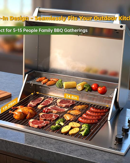 34-Inch Premium Built-In Liquid Propane Griddle for Outdoor Kitchen, 3-Burner Heavy Duty Stainless Steel Flat Top Grill with Lid, 48,000 BTUs, Large Cooking Area for BBQ Island, Outdoor Cooking,Silver