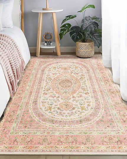 Pink Rug 3x5,Boho Washable Area Rugs for Bedroom Living Room Kitchen Entryway,Small Vintage Distressed Farmhouse Non Slip Carpet,Blush Floral