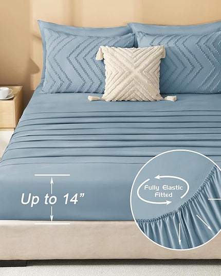 Litanika Twin XL Comforter Set Dusty Blue - Boho Tufted Shabby Chic Bed in a Bag for College Dorm, 5 Pieces Fluffy Soft Farmhouse Bed Set for All Seasons
