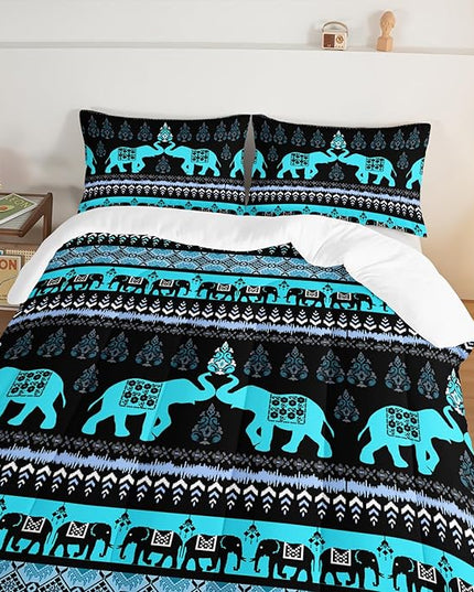 Western Comforter Set Full Size Elephant Print Bedding for Kids,Blue Series Animal Themed Bedding Set for Boys Girls Room Decor,Boho Bedding Comforter Sets with 2 Pillowcases.