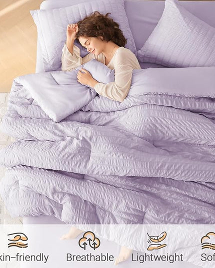 MUXHOMO 7 Pieces California King Comforter Set, Seersucker Bed in a Bag Cal King Size, All Season Luxury Bedding Set with Comforter, Flat Sheet, Fitted Sheet, Pillowcases & Shams, Lavender