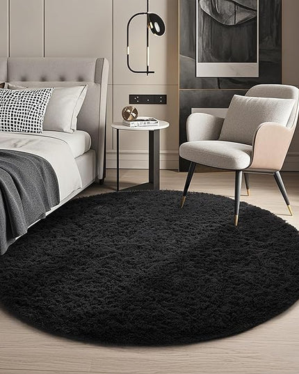 Ophanie Round Rug 4Ft Black Circle Area Rug, Room Decor for Men, Fluffy Fuzzy Bedroom Carpet, Plush Soft Shaggy Living Room Rugs for Kids Home Decor Aesthetic, Nursery