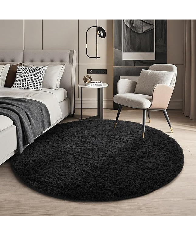 Ophanie Round Rug 4Ft Black Circle Area Rug, Room Decor for Men, Fluffy Fuzzy Bedroom Carpet, Plush Soft Shaggy Living Room Rugs for Kids Home Decor Aesthetic, Nursery