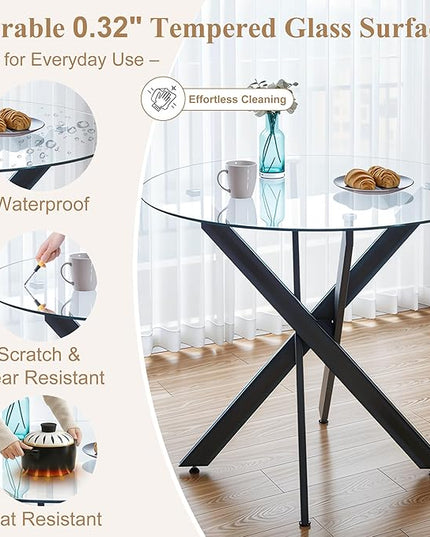 5 Piece Round Glass Dining Table Set for 4, Modern Dining Room Table and Chairs Set, Tempered Glass Top Kitchen Table with 4 Velvet Chairs, Space Saving Dining Set for Small Apartment or Home
