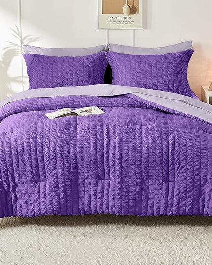 HYMOKEGE Dark Purple/Lavender Twin XL Comforter Set Seersucker 5 Pieces, All Season Luxury Bed in a Bag for Bedroom, Bedding Set with Comforter, Sheets, Pillowcase & Sham