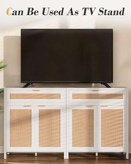 YOUDENOVA 60.3" Sideboard Buffet Cabinet, Rattan Cabinet Cupboard Console with 4 Doors & 2 Drawers, Boho Coffee Bar Table with Adjustable Shelves for Dining Room, Living Room, White