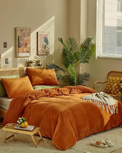 Luxlovery Burnt Orange Fluffy Comforter Set King Rust Caramel Plush Velvet Bedding Comforter Sets Winter Warm Comfy Soft Rust Orange Reddish Brown Sherpa Micromink Bedding Comforter Set