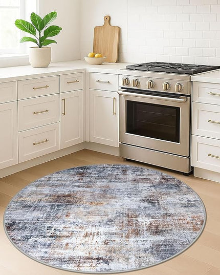 IOHOUZE Round Area Rug 5 Ft Circle Entryway Rugs Round Washable Door Mat Indoor Entrance, Non Slip Circle Front Door Rug, Printed Abstract Faux Wool Floor Carpet for Foyer Porch Sink, Orange Grey
