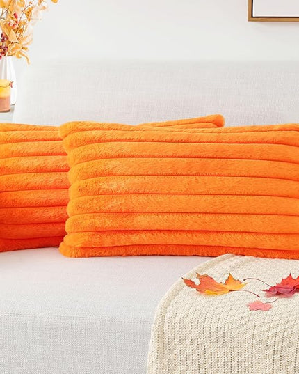 Pallene Faux Fur Plush Fall Throw Pillow Covers 12x20 Set of 2, Luxury Soft Fluffy Striped Decorative Pillow Covers for Sofa, Couch, Living Room, Burnt Orange